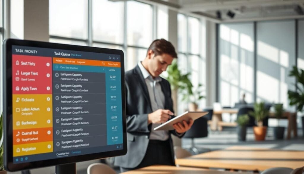 A visually engaging representation of a task queue in a modern office environment. In the foreground, a sleek digital screen displays a colorful, organized task queue with various tasks marked by priority levels, neatly arranged in columns. The middle ground features a professional individual in business attire, thoughtfully reviewing a checklist on a tablet, embodying productivity and focus. In the background, a contemporary workspace filled with minimalistic furniture and potted plants creates an inviting atmosphere. Soft, natural light filters through large windows, casting gentle shadows that enhance the sense of order and clarity. The overall mood is one of efficiency and strategic planning, inspiring the viewer to envision an effective workflow.