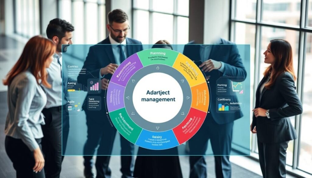 A visually engaging representation of adaptive project management cycles, featuring a large, central circular diagram divided into various phases such as planning, execution, monitoring, and evaluation. In the foreground, professional business people of diverse backgrounds collaborate around the diagram, pointing to different phases and discussing strategies, dressed in smart business attire. The middle ground showcases a digital interactive display illustrating agile workflows and task adjustments, with vibrant visuals of tasks and timelines. The background consists of a modern office environment with large windows, allowing natural light to create a bright atmosphere. The overall mood is dynamic and collaborative, emphasizing innovation and teamwork, captured with a slight depth of field to focus on the people and project management diagrams.