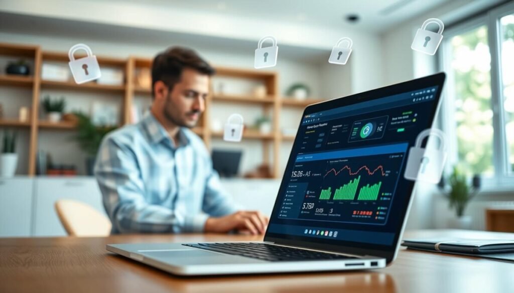 A visually engaging representation of web security essentials for remote workers, featuring a modern home office setup. In the foreground, a sleek laptop displays cybersecurity software with colorful graphs and alerts, symbolizing online protection. A focused professional is seated, dressed in smart casual attire, intently monitoring the screen. In the middle ground, digital security icons—like padlocks and shields—float gently around the workspace, enhancing the theme of protection. The background showcases a tidy, well-lit room with a large window letting in soft natural light, creating an inviting atmosphere. Use a slightly blurred depth of field to draw attention to the laptop and the professional, while keeping the overall scene bright and optimistic to reflect a secure work environment.