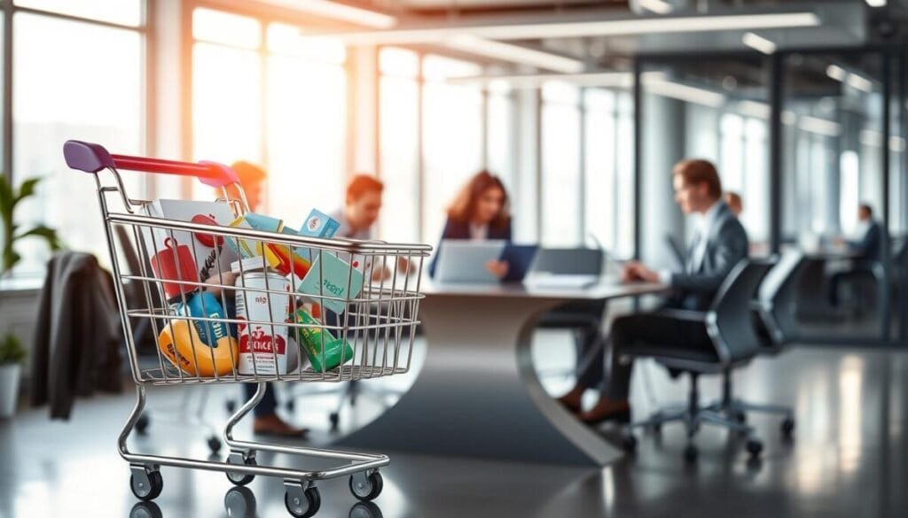 A visually engaging scene depicting a digital shopping cart icon in the foreground, symbolizing abandoned carts. The cart is partially filled with vibrant product images, reflecting a variety of e-commerce items like electronics, clothing, and groceries. In the middle ground, a diverse group of professionals in business attire collaborate around a sleek conference table, analyzing data on laptops and tablets, discussing strategies to recover lost revenue. The background features a modern office environment with large windows, allowing soft, natural light to flood in, creating an inviting atmosphere. The overall mood is focused and productive, emphasizing innovation and teamwork in advanced customer segmentation approaches. Use a shallow depth of field to keep the cart and professionals sharply in focus.