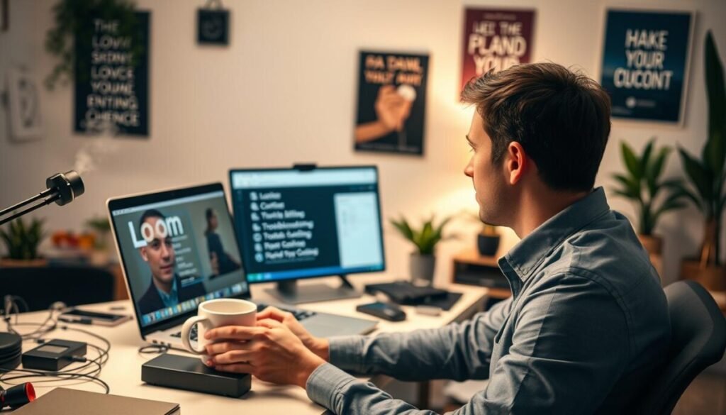 A visually engaging scene depicting a person troubleshooting a Loom video recording on their laptop. In the foreground, a focused individual in smart casual attire, with short brown hair, sits at a modern desk cluttered with tech gadgets and a steaming coffee cup. In the middle ground, a laptop screen shows a Loom interface with various troubleshooting options highlighted. To the background, a softly lit home office, adorned with plants and motivational posters, creates a warm, inviting atmosphere. The lighting is bright but soft, emphasizing the importance of the task at hand. A slight depth of field effect enhances focus on the individual and the laptop, while muted colors evoke a sense of concentration and determination.