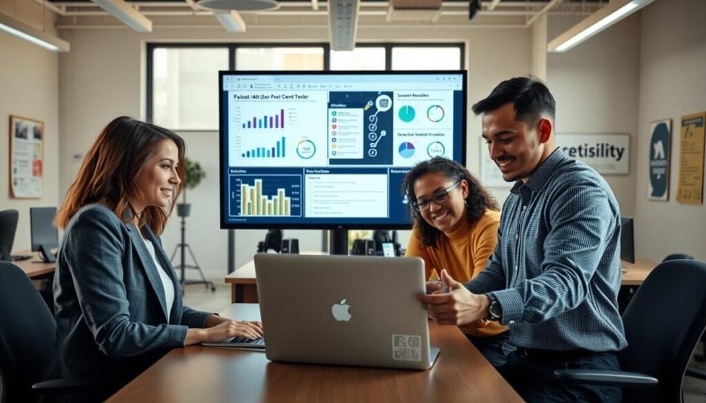 A visually engaging scene depicting accessibility testing in a modern office environment. In the foreground, a diverse team of professionals, including a woman in a smart blazer and a man in a button-up shirt, is collaborating over a laptop, analyzing a website for accessibility issues. The middle ground features a large monitor displaying graphs and checklists related to ADA compliance. The background showcases a well-lit office space with ergonomic furniture, assistive technology tools like screen readers and magnifiers, and posters highlighting accessibility principles. Soft, natural lighting filters through large windows, creating a productive and inclusive atmosphere. The angle of the shot is slightly above eye level, emphasizing teamwork and diligence in the manual testing process.