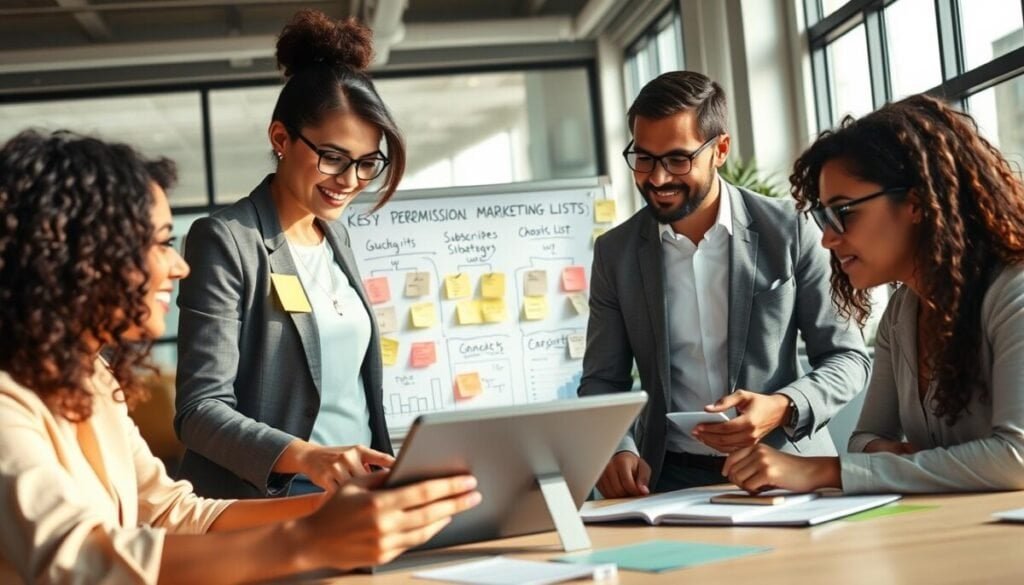 A visually engaging workspace scene depicting a professional setting focused on permission-based email marketing lists. In the foreground, a diverse group of three business professionals—two women and one man—are collaborating over a modern electronic device, showcasing graphs and charts that represent subscriber growth and engagement metrics. In the middle ground, a whiteboard or digital display outlines key strategies for building permission-based lists, adorned with colorful sticky notes and illustrations. The background features a bright office with large windows, casting soft natural light, enhancing a sense of productivity and focus. The mood is collaborative and forward-thinking, ideal for a professional audience engaged in evolving privacy regulations and marketing strategies. Use a wide-angle lens to capture the dynamic energy of the environment. A visually engaging workspace scene depicting a professional setting focused on permission-based email marketing lists. In the foreground, a diverse group of three business professionals—two women and one man—are collaborating over a modern electronic device, showcasing graphs and charts that represent subscriber growth and engagement metrics. In the middle ground, a whiteboard or digital display outlines key strategies for building permission-based lists, adorned with colorful sticky notes and illustrations. The background features a bright office with large windows, casting soft natural light, enhancing a sense of productivity and focus. The mood is collaborative and forward-thinking, ideal for a professional audience engaged in evolving privacy regulations and marketing strategies. Use a wide-angle lens to capture the dynamic energy of the environment.