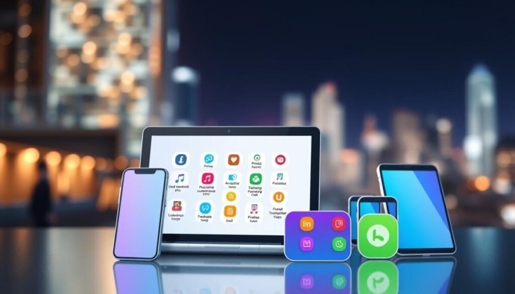 A visually rich and informative illustration showcasing the key features of leading app platforms. In the foreground, depict a sleek, modern user interface displayed on various devices like smartphones and tablets, emphasizing intuitive design and user-friendliness. The middle ground should feature icons representing core functionalities such as integration with APIs, analytics, and customizable templates, each symbolized by vibrant colors and rounded shapes to convey innovation. In the background, include a blurred city skyline to suggest a tech-forward environment, with soft, ambient lighting illuminating the scene. The mood is professional yet inspiring, aimed at tech enthusiasts and developers, creating a sense of advancement and opportunity in app development. No text or branding elements included.