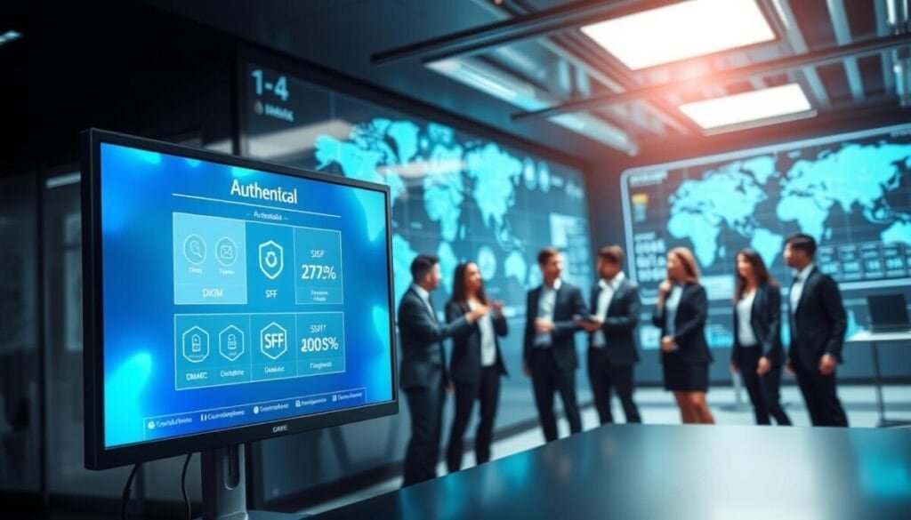 A visually striking and informative illustration depicting technical authentication protocols for email deliverability. In the foreground, a sleek computer monitor displays a graphical representation of different protocols like DKIM, SPF, and DMARC. The screen glows softly with blue and green hues, emphasizing a high-tech atmosphere. In the middle ground, a diverse group of professional individuals, dressed in smart business attire, engage in a discussion around the monitor, pointing at the data. In the background, a futuristic office setting with digital maps and infographics on the walls enhances the theme of digital communication and cybersecurity. The lighting is bright yet balanced, creating a professional and focused mood, with a slight depth of field effect to draw attention to the main subjects. A visually striking and informative illustration depicting technical authentication protocols for email deliverability. In the foreground, a sleek computer monitor displays a graphical representation of different protocols like DKIM, SPF, and DMARC. The screen glows softly with blue and green hues, emphasizing a high-tech atmosphere. In the middle ground, a diverse group of professional individuals, dressed in smart business attire, engage in a discussion around the monitor, pointing at the data. In the background, a futuristic office setting with digital maps and infographics on the walls enhances the theme of digital communication and cybersecurity. The lighting is bright yet balanced, creating a professional and focused mood, with a slight depth of field effect to draw attention to the main subjects.