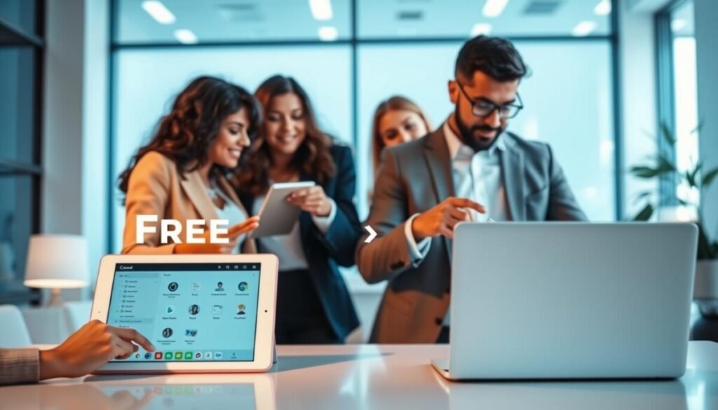 A visually striking comparison of free versus premium AI assistant options. In the foreground, a sleek tablet and a sophisticated laptop display their interfaces, clearly contrasting features of free and premium AI assistants. The middle ground features diverse professionals in business attire, engaged in discussion, with one pointing at the tablet while the other views the laptop. They embody a collaborative atmosphere, emphasizing decision-making. The background reveals a modern, tech-inspired office with soft blue and white lighting creating a professional and inviting mood. A large window lets in natural light, highlighting the technological environment. The composition focuses on clarity, showcasing the differences between the two options in a clean and organized manner, ideal for a tech-savvy audience.