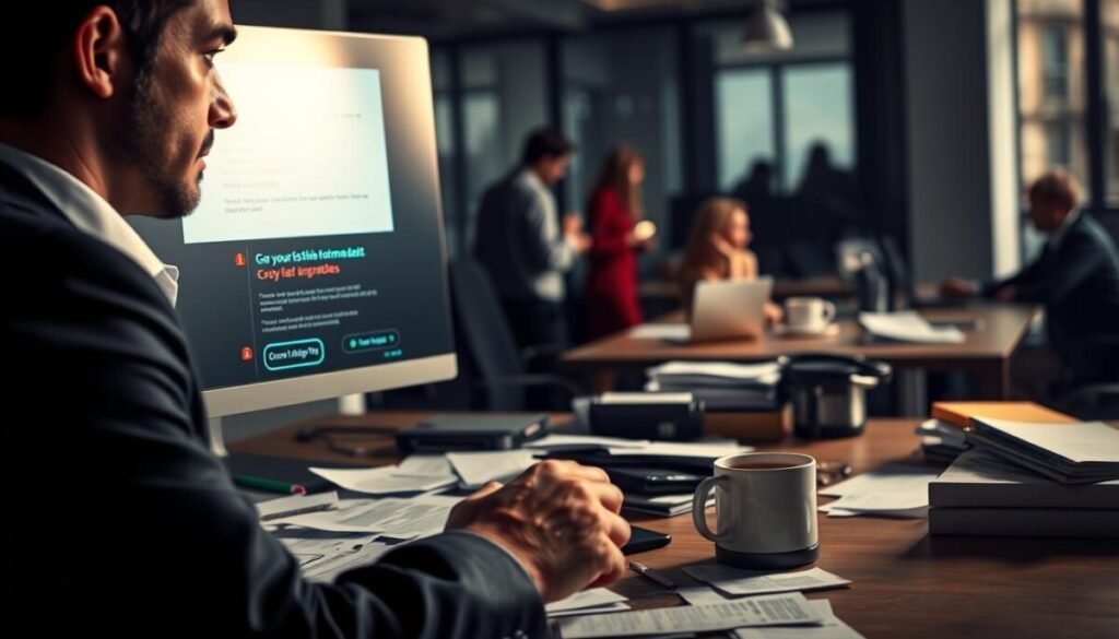 A visually striking composition depicting common CRM performance issues within an office environment. In the foreground, a concerned business professional, dressed in a smart suit, stares at a computer screen displaying error messages and slow loading indicators. The middle layer features a cluttered desk scattered with paperwork, a smartphone displaying notifications, and a coffee cup, highlighting the chaos caused by technical problems. In the background, a dimly lit office with blurred out colleagues, engaged in discussions, further emphasizes the stressful atmosphere. Soft, natural lighting casts gentle shadows, and a slightly low angle perspective enhances the feeling of urgency. The overall mood conveys a sense of frustration and urgency, perfect for illustrating troubleshooting aspects in a modern business setting.