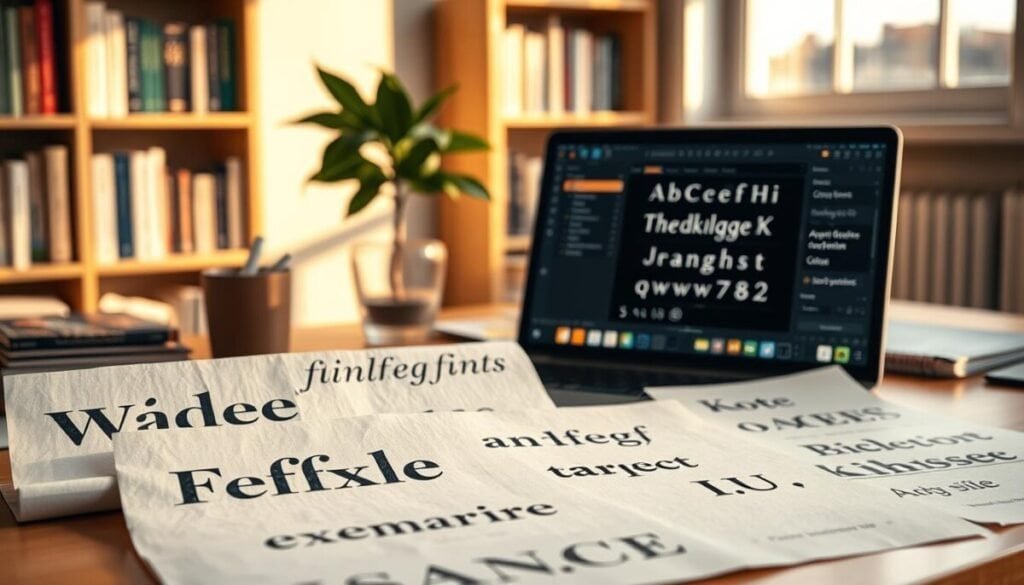 A visually striking composition focused on font pairings displayed on a stylish designer's desk. In the foreground, a beautifully arranged display of different fonts printed on textured paper, showcasing elegant serifs and modern sans-serifs. The middle ground features a sleek laptop open to a typography tool, with color swatches and font selection menus visible on the screen. In the background, a softly blurred bookshelf filled with design books and a plant, creating a creative and inspiring atmosphere. The lighting is warm and inviting, simulating golden hour with gentle shadows that add depth. Shot from a slightly elevated angle to provide a comprehensive view, evoking a sense of professionalism and artistic flair. A visually striking composition focused on font pairings displayed on a stylish designer's desk. In the foreground, a beautifully arranged display of different fonts printed on textured paper, showcasing elegant serifs and modern sans-serifs. The middle ground features a sleek laptop open to a typography tool, with color swatches and font selection menus visible on the screen. In the background, a softly blurred bookshelf filled with design books and a plant, creating a creative and inspiring atmosphere. The lighting is warm and inviting, simulating golden hour with gentle shadows that add depth. Shot from a slightly elevated angle to provide a comprehensive view, evoking a sense of professionalism and artistic flair.