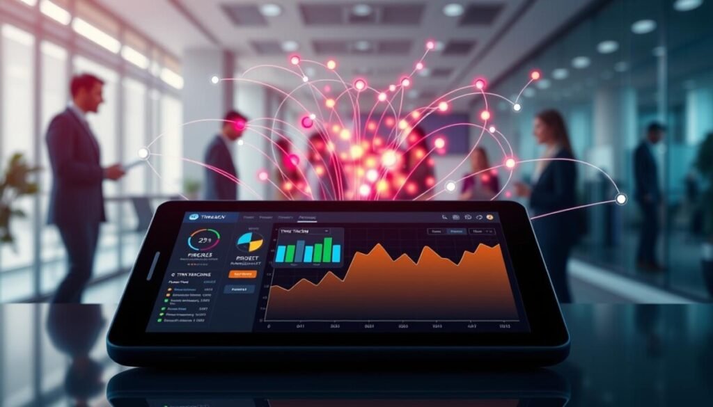 A visually striking, conceptual illustration of "time tracking integrations" as an interconnected ecosystem. In the foreground, a digital device with a vibrant dashboard displaying colorful graphs and integration icons representing various applications like calendars, project management tools, and invoicing software. In the middle ground, dynamic lines or paths radiate from the device, symbolizing connectivity and data flow, filled with luminous circuit-like designs. The background features a sleek, modern office setting with blurred details of professionals in business attire collaborating, evoking a productive atmosphere. Soft, diffused lighting enhances the tech-savvy feel, while a wide-angle perspective emphasizes the integration network's expansiveness and complexity. The overall mood is focused and innovative, showcasing the synergy between time tracking and client invoicing solutions.