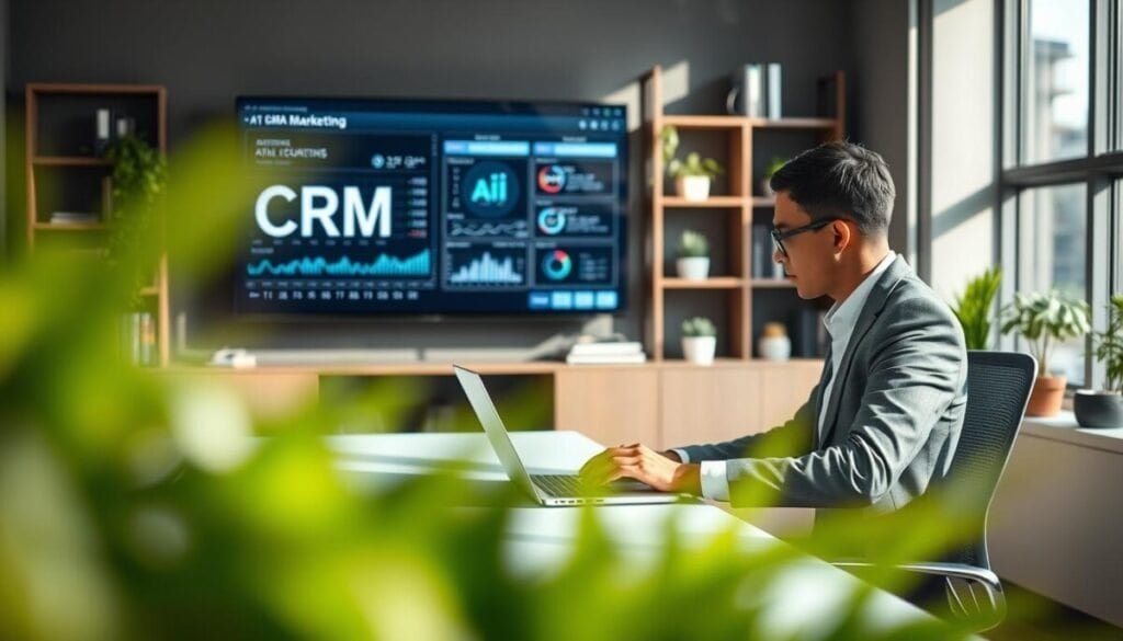 A visually striking depiction of integrated CRM email marketing, featuring a modern office environment in the foreground. A professional business person in business attire is seated at a sleek desk, working intently on a laptop, with an open email marketing dashboard displayed. In the middle ground, a large screen shows data analytics and AI algorithms in action. The background includes shelves lined with tech books and plants, adding a touch of greenery. Soft, natural lighting streams in through a large window, creating an inviting atmosphere. A slight depth of field focuses on the professional, ensuring clarity on their work while the background gently blurs, emphasizing the feeling of integration and innovation in the CRM ecosystem. A visually striking depiction of integrated CRM email marketing, featuring a modern office environment in the foreground. A professional business person in business attire is seated at a sleek desk, working intently on a laptop, with an open email marketing dashboard displayed. In the middle ground, a large screen shows data analytics and AI algorithms in action. The background includes shelves lined with tech books and plants, adding a touch of greenery. Soft, natural lighting streams in through a large window, creating an inviting atmosphere. A slight depth of field focuses on the professional, ensuring clarity on their work while the background gently blurs, emphasizing the feeling of integration and innovation in the CRM ecosystem.