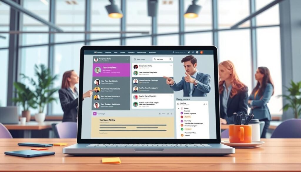A visually striking digital illustration depicting a busy GitHub profile status affecting team dynamics around pull request assignments. In the foreground, a laptop screen displays a vibrant GitHub interface with colorful pull request notifications and user avatars. The middle layer features diverse professionals, dressed in smart business attire, engaged in collaborative discussions, pointing at the screen with expressions of concentration and teamwork. In the background, a modern office environment with large windows letting in soft, natural light enhances the atmosphere of productivity. Include subtle elements like sticky notes and coffee cups to suggest a bustling work setting. The overall mood should convey a sense of urgency and collaboration, highlighting the importance of status in a tech-driven workspace. A visually striking digital illustration depicting a busy GitHub profile status affecting team dynamics around pull request assignments. In the foreground, a laptop screen displays a vibrant GitHub interface with colorful pull request notifications and user avatars. The middle layer features diverse professionals, dressed in smart business attire, engaged in collaborative discussions, pointing at the screen with expressions of concentration and teamwork. In the background, a modern office environment with large windows letting in soft, natural light enhances the atmosphere of productivity. Include subtle elements like sticky notes and coffee cups to suggest a bustling work setting. The overall mood should convey a sense of urgency and collaboration, highlighting the importance of status in a tech-driven workspace.