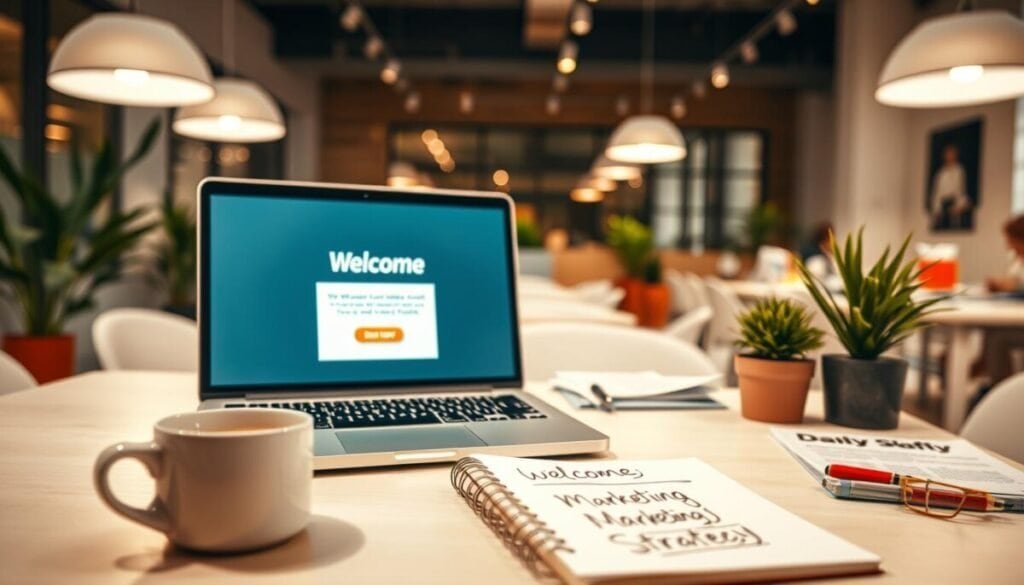 A visually striking digital workspace featuring an open laptop displaying a beautifully designed welcome email interface. In the foreground, there are stylized elements like a cup of coffee and a notepad with scribbles about email marketing strategies. The middle ground shows a bright, well-organized desk adorned with plant accents and marketing strategy documents. In the background, a softly blurred modern office environment with bright lighting creates a professional atmosphere, emphasizing innovation. The scene is captured from a slightly angled perspective, enhancing depth. Warm, inviting tones dominate the color palette to evoke a sense of approachability and clarity. The overall mood is inspiring and informative, perfect for illustrating a detailed analysis of email marketing effectiveness.