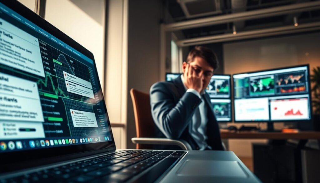 A visually striking illustration representing "data sync issues" in a professional context. In the foreground, display a close-up of a laptop screen showing overlapping, mismatched data streams and error notifications. In the middle ground, depict a frustrated business professional in business attire, sitting at a desk, reviewing data on multiple screens filled with charts and graphs reflecting discrepancies. The background should feature a modern office space with soft, diffused lighting to evoke a sense of urgency and focus. Use a wide-angle lens perspective to capture the complexity of the data environment. The overall mood should convey a blend of tension and determination, emphasizing the importance of resolving data visibility problems.