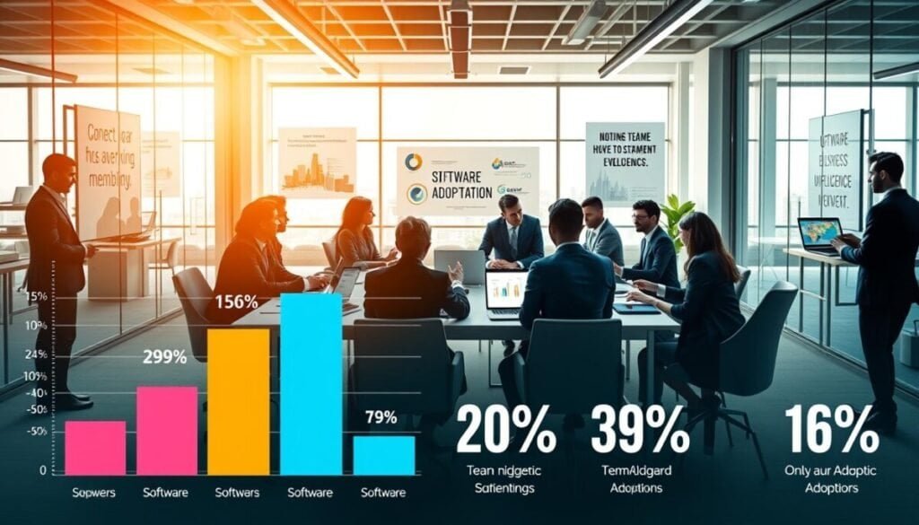 A visually striking infographic depicting adoption data in a modern business setting. Foreground: a sleek, digitally-rendered bar chart showcasing metrics on software adoption rates, with vibrant colors and icons representing various tools. Middle: diverse professionals in smart business attire, engaged in discussions around a conference table adorned with laptops and tablets displaying business intelligence dashboards. Background: a bright, open office space with glass walls and motivational posters about teamwork and overcoming challenges. Warm, natural lighting floods the room from large windows, enhancing an atmosphere of collaboration and innovation. The composition should evoke a sense of optimism and progress, illustrating the theme of overcoming common adoption hurdles in a non-technical team environment.