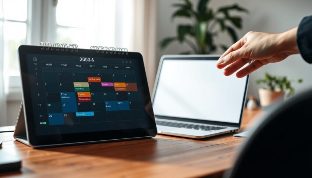 A visually striking representation of a “time block” concept, featuring a sleek digital calendar on a wooden desk, with sections distinctly color-coded for focus and productivity. In the foreground, a hand adjusts the calendar, showcasing a well-organized schedule filled with time blocks marked for deep work sessions. In the middle ground, a soft-focus laptop displays a blank document, ready for concentration. The background has a softly lit room with a potted plant and minimalistic decor, evoking a serene atmosphere conducive to focus. Use natural light streaming through a window to create a calm and inviting ambience. The composition should emphasize clarity and organization, capturing the essence of preparing a schedule for maximum focus. A visually striking representation of a “time block” concept, featuring a sleek digital calendar on a wooden desk, with sections distinctly color-coded for focus and productivity. In the foreground, a hand adjusts the calendar, showcasing a well-organized schedule filled with time blocks marked for deep work sessions. In the middle ground, a soft-focus laptop displays a blank document, ready for concentration. The background has a softly lit room with a potted plant and minimalistic decor, evoking a serene atmosphere conducive to focus. Use natural light streaming through a window to create a calm and inviting ambience. The composition should emphasize clarity and organization, capturing the essence of preparing a schedule for maximum focus.