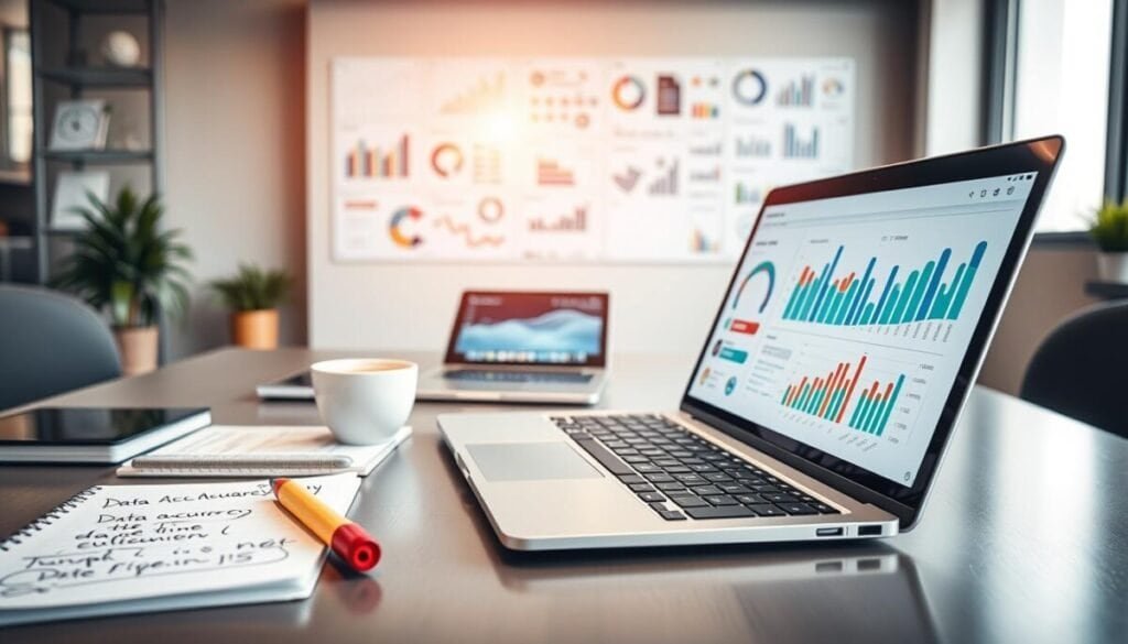 A visually striking representation of data quality, featuring an organized workspace. In the foreground, a sleek laptop is open displaying colorful graphs and data visualization elements on the screen, symbolizing accurate analytics. To the left, a notepad with neatly written notes about data accuracy, next to a highlighter. The middle of the scene showcases a laptop, a cup of coffee, and a digital tablet showing real-time data metrics and trends. In the background, a modern office setting with soft, natural lighting filtering through large windows, illuminating a wall covered in charts and infographics. The atmosphere is focused and professional, evoking a sense of diligence and commitment to high data standards, without any people present. A visually striking representation of data quality, featuring an organized workspace. In the foreground, a sleek laptop is open displaying colorful graphs and data visualization elements on the screen, symbolizing accurate analytics. To the left, a notepad with neatly written notes about data accuracy, next to a highlighter. The middle of the scene showcases a laptop, a cup of coffee, and a digital tablet showing real-time data metrics and trends. In the background, a modern office setting with soft, natural lighting filtering through large windows, illuminating a wall covered in charts and infographics. The atmosphere is focused and professional, evoking a sense of diligence and commitment to high data standards, without any people present.