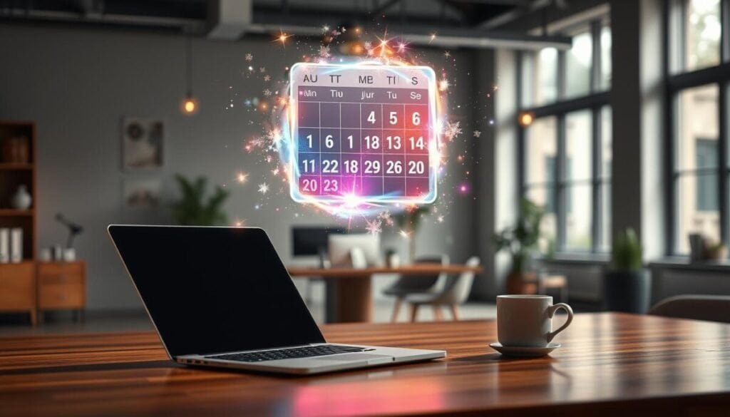 A visually stunning, magical live calendar floating in mid-air, surrounded by ethereal glowing light, depicting colorful, animated date markers that symbolize efficient scheduling. In the foreground, a sleek laptop and a coffee cup sit on a polished wooden desk, indicating a focused workspace. The middle ground features the enchanting calendar, with whimsical elements like sparkles and wisps of magic trailing from the dates to convey proactive organization. In the background, a peaceful yet modern office setting with soft natural lighting streaming through large windows to create a warm, productive atmosphere. The scene evokes a sense of serenity and innovative workflow management, perfect for enhancing productivity and streamlining tasks.