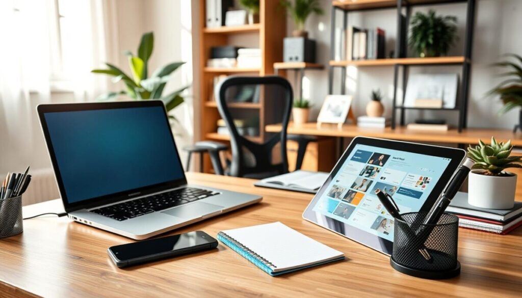 A well-organized freelancer workspace featuring essential business tools for 2026. In the foreground, a sleek wooden desk with a high-end laptop, a smartphone, and a smart tablet displaying productivity apps. Beside them, a stylish pen holder filled with pens and a notepad for jotting down ideas. The middle ground includes a comfortable ergonomic chair and a modern desktop organizer with business cards and planner. In the background, a minimalist bookshelf filled with tech-related books and plants for a touch of greenery. Soft, natural light beams through a nearby window, creating a warm, inviting atmosphere. The scene conveys a sense of professionalism, creativity, and productivity, ideal for freelancers setting up their tech stack.