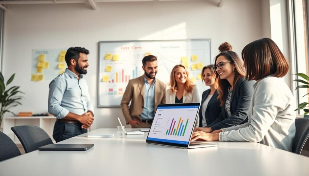 A well-organized office environment showcasing a modern workspace filled with technology. In the foreground, a sleek desk features a laptop open on a popular CRM software interface with clean lines and vibrant colors. A small group of diverse professionals in business attire collaborates around the desk, discussing strategies, with smiles and engaged expressions. The background includes a large whiteboard filled with colorful graphs and post-it notes outlining key CRM benefits. Soft, natural light floods through large windows, creating a bright, uplifting atmosphere. The camera angle is slightly elevated, capturing both the teamwork and the CRM interface, evoking a sense of productivity and innovation aimed at startup success.