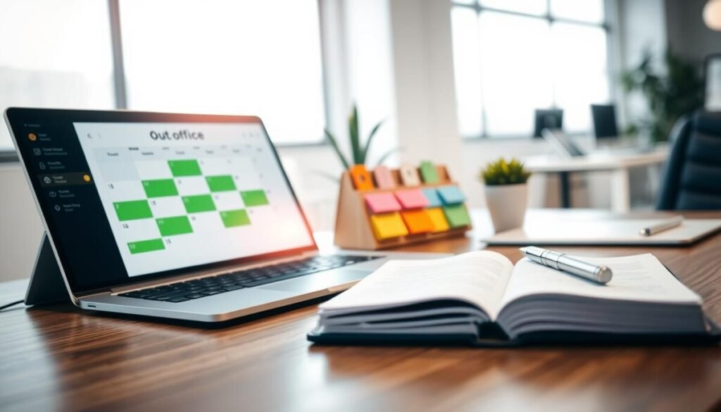 A well-organized office schedule displayed on a modern desk. In the foreground, a sleek laptop open with a calendar app showing green blocks indicating out-of-office times. Next to the laptop, a stylish notepad with neatly written notes and a pen, creating a professional atmosphere. In the middle ground, a desktop organizer with colorful sticky notes and a small potted plant adding a touch of life to the workspace. The background features a bright office setting with a large window allowing natural light to flood the room, casting soft shadows. The overall mood is productive and focused, emphasizing efficiency in workplace scheduling. The scene is captured with a gentle depth of field, focusing on the desk while softly blurring the surroundings to enhance the professional vibe. A well-organized office schedule displayed on a modern desk. In the foreground, a sleek laptop open with a calendar app showing green blocks indicating out-of-office times. Next to the laptop, a stylish notepad with neatly written notes and a pen, creating a professional atmosphere. In the middle ground, a desktop organizer with colorful sticky notes and a small potted plant adding a touch of life to the workspace. The background features a bright office setting with a large window allowing natural light to flood the room, casting soft shadows. The overall mood is productive and focused, emphasizing efficiency in workplace scheduling. The scene is captured with a gentle depth of field, focusing on the desk while softly blurring the surroundings to enhance the professional vibe.