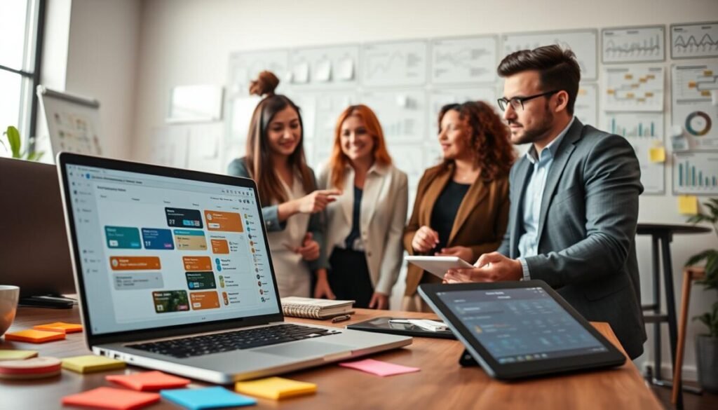 A well-organized workspace showcasing essential project management tools. In the foreground, a sleek laptop displaying a project management dashboard, surrounded by colorful sticky notes and a digital tablet showing task automation features. In the middle, a diverse group of three professionals—two women and one man—dressed in smart casual attire, engaging in a discussion, with one pointing at the laptop screen. In the background, a large whiteboard filled with charts and timelines, and a window letting in soft natural light. The atmosphere is collaborative and focused, portraying a sense of productivity and innovation. The lighting should create a warm and inviting environment, with a slight depth of field to emphasize the subjects in the foreground while maintaining clarity of the tools displayed.