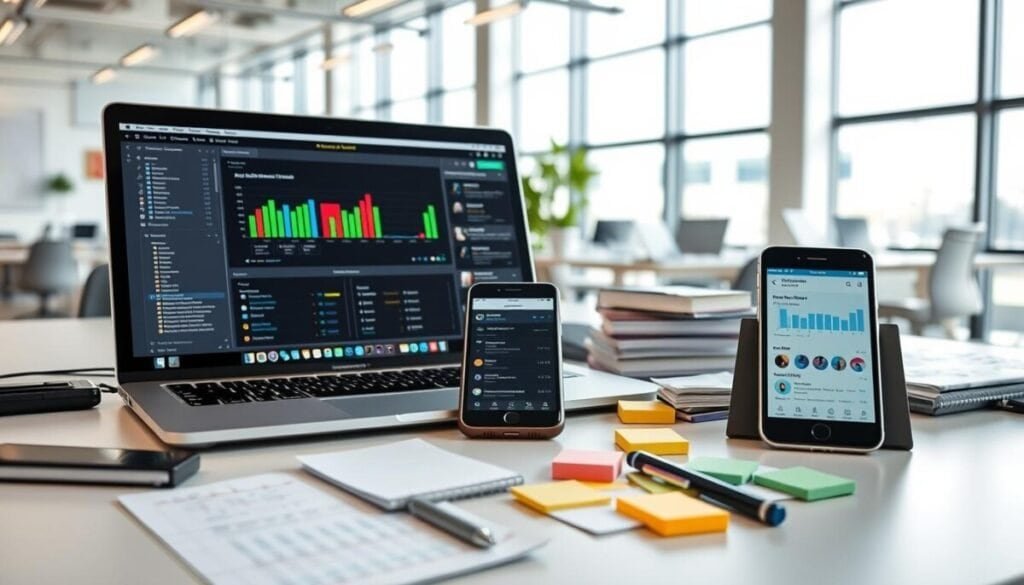 A workspace filled with various accessibility testing tools, neatly arranged on a modern desk. In the foreground, a sleek laptop displays a detailed software interface for an accessibility scanner, with colorful graphs and checklists visible on the screen. Beside it, a smartphone showcases an accessibility app, also with analytics shown. In the middle ground, a collection of usability testing materials, such as sticky notes and a notepad, is scattered, implying an active testing session. The background features a bright, airy office space with large windows allowing natural light to illuminate the environment, creating a professional atmosphere. The scene captures the essence of technology and efficiency in evaluating website accessibility, emphasizing the importance of rigorous testing. The composition is shot from a slightly elevated angle, providing a clear view of the tools in action.