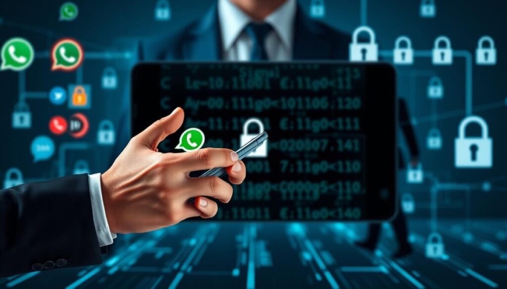 An abstract representation of digital messaging security, featuring a stylized combination of smartphone screens displaying various messaging app icons like Signal, WhatsApp, and Telegram. In the foreground, depict a sleek smartphone held in a business professional's hands, wearing a suit, projecting confidence and security. The middle section shows a blurred grid of encrypted code streams and padlock symbols, symbolizing privacy and encryption. In the background, include faint silhouettes of communication lines with a dark, ominous backdrop that highlights the risks of standard SMS. Use soft, dramatic lighting that creates a mood of urgency and awareness, with a focus on the brightness of the phone screens contrasting against the dark tones. Capture the essence of digital security and privacy in a contemporary, polished style. An abstract representation of digital messaging security, featuring a stylized combination of smartphone screens displaying various messaging app icons like Signal, WhatsApp, and Telegram. In the foreground, depict a sleek smartphone held in a business professional's hands, wearing a suit, projecting confidence and security. The middle section shows a blurred grid of encrypted code streams and padlock symbols, symbolizing privacy and encryption. In the background, include faint silhouettes of communication lines with a dark, ominous backdrop that highlights the risks of standard SMS. Use soft, dramatic lighting that creates a mood of urgency and awareness, with a focus on the brightness of the phone screens contrasting against the dark tones. Capture the essence of digital security and privacy in a contemporary, polished style.