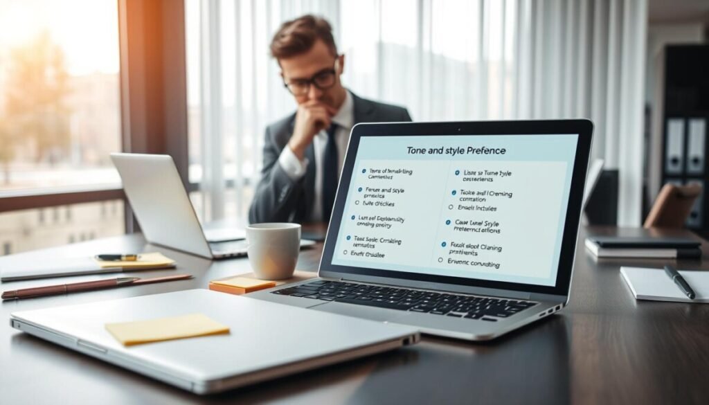 An elegant office setting featuring a well-organized desk on the foreground, showcasing a sleek laptop, colorful sticky notes, and a digital tablet displaying various tone and style preferences for email writing. In the middle ground, a professional-looking business person in smart attire thoughtfully analyzes the screen, surrounded by elements representing clarity and efficiency, such as a cup of coffee and neatly arranged stationery. The background includes a modern window view with soft, natural light filtering in, enhancing the atmosphere of focus and productivity. The mood is one of professionalism and creativity, emphasizing the importance of tailored communication styles. Use a slight overhead angle to create depth and highlight the desk's details. An elegant office setting featuring a well-organized desk on the foreground, showcasing a sleek laptop, colorful sticky notes, and a digital tablet displaying various tone and style preferences for email writing. In the middle ground, a professional-looking business person in smart attire thoughtfully analyzes the screen, surrounded by elements representing clarity and efficiency, such as a cup of coffee and neatly arranged stationery. The background includes a modern window view with soft, natural light filtering in, enhancing the atmosphere of focus and productivity. The mood is one of professionalism and creativity, emphasizing the importance of tailored communication styles. Use a slight overhead angle to create depth and highlight the desk's details.
