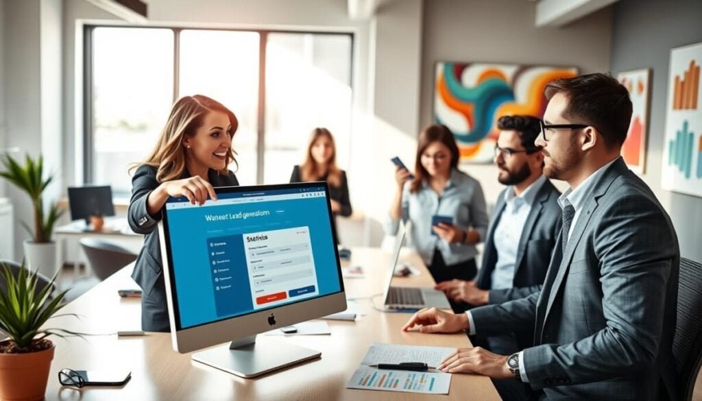 An engaging office scene featuring a diverse group of professionals collaborating on a sleek, modern desktop with the Woorise interface on display as a vibrant, interactive lead generation form. In the foreground, a woman in smart business attire is enthusiastically pointing at the screen, while a man next to her, wearing glasses and a tailored suit, takes notes. In the middle ground, a stylish, well-organized workspace with colorful charts and digital devices reflects a dynamic and innovative environment. The background showcases a large window with natural light streaming in, casting a warm glow, and modern artwork on the walls adds a creative flair. The atmosphere is upbeat and collaborative, emphasizing teamwork and technology in lead generation.
