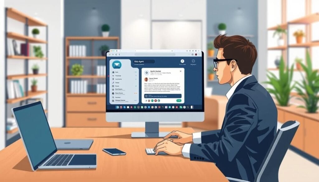 An illustration of a sleek, modern office environment featuring a sophisticated beta agent email interface on a computer screen. In the foreground, a professional individual in business attire, focused and engaged, is seated at a polished wooden desk, surrounded by sleek technology devices. The middle ground showcases the computer screen displaying the email client with distinct features such as a clean layout, organized inbox, and engaging design elements that allude to artificial intelligence. In the background, blurred shelves with tech-related books and plants contribute to a contemporary workspace atmosphere. The lighting is bright and inviting, emulating a productive daytime setting. The overall mood conveys professionalism and innovation, with an emphasis on the futuristic aspects of AI in email communication.