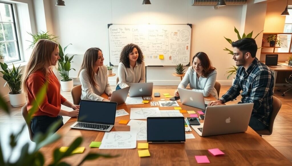 An indoor workspace showcasing a vibrant, modern office environment dedicated to no-code CRM building. In the foreground, a diverse group of three professionals—two women and one man—are engaged in a brainstorming session around a large wooden table, surrounded by laptops and colorful sticky notes. On the table are visual aids like flowcharts and diagrams illustrating CRM processes. In the middle ground, large windows let in warm, natural light, illuminating a whiteboard filled with essential tips for no-code CRM building. The background features plants and contemporary office decor, creating a vibrant yet focused atmosphere. The camera angle is slightly above eye level, providing a comprehensive view of the collaborative effort, encouraging innovation and creativity.