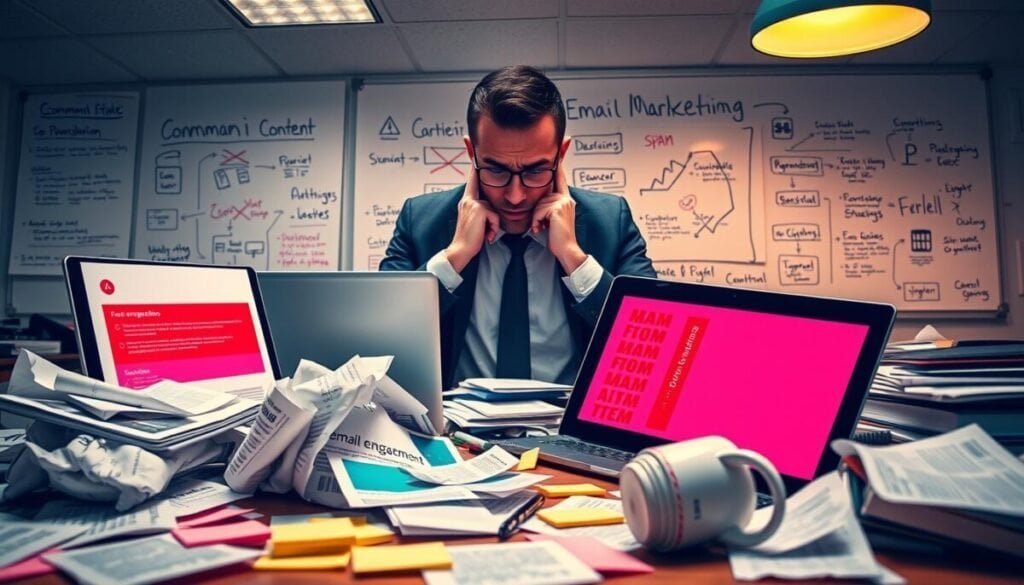 An office desk cluttered with discarded marketing materials, such as crumpled email templates, sticky notes, and a coffee cup toppled over, reflecting common mistakes in email marketing. In the foreground, a frustrated professional in business attire is examining a laptop displaying red error messages and low engagement statistics. In the middle ground, charts and graphs depicting poor ROI are scattered across the desk. The background features a whiteboard filled with brainstorming ideas that have crossed out concepts like “spam” and “overwhelming content.” Soft overhead lighting casts a warm glow, creating a sense of tension and urgency in the air, highlighting the importance of understanding and avoiding these pitfalls in email marketing.