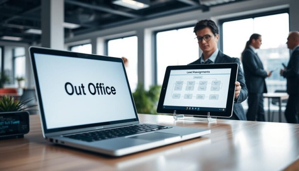 An office setting with a sleek, modern desk featuring a laptop displaying an "Out of Office" message on its screen. The foreground shows a neatly organized workspace with a potted plant and a digital clock. In the middle, a professional employee in smart business attire stands beside the desk, thoughtfully observing a flowchart on a digital tablet, indicating lead reassignments. The background features subtle hints of a bustling office environment, such as blurred silhouettes of colleagues engaged in conversation. Soft, natural lighting filters in through large windows, creating an inviting atmosphere that emphasizes productivity and customer satisfaction. The camera angle is slightly angled down to capture the desk and the employee's focused expression.