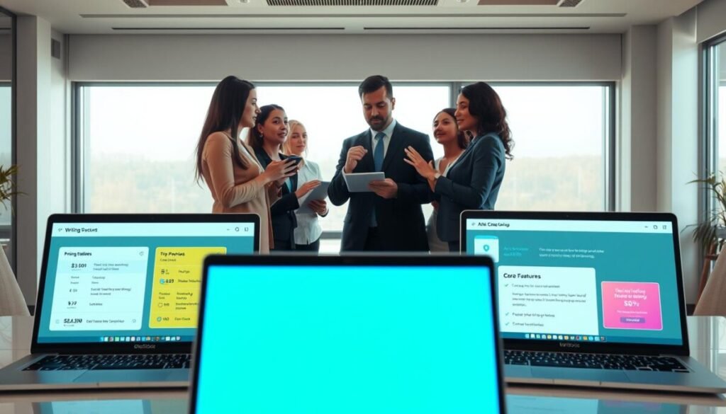 In a clean, modern office setting, a dynamic visual comparison of various AI writing tools is presented. In the foreground, three sleek laptops display vibrant screenshots of software interfaces showcasing pricing tables, trial periods, and highlighted core features. In the middle ground, a diverse team of professionals in business attire engage in discussions, gesturing at the laptops while analyzing the data. The background features a large window with soft, natural light pouring in, illuminating the workspace. The atmosphere is focused and collaborative, emphasizing serious evaluation and decision-making. The overall composition should inspire a sense of innovation and practicality, perfect for illustrating product comparisons in technology.