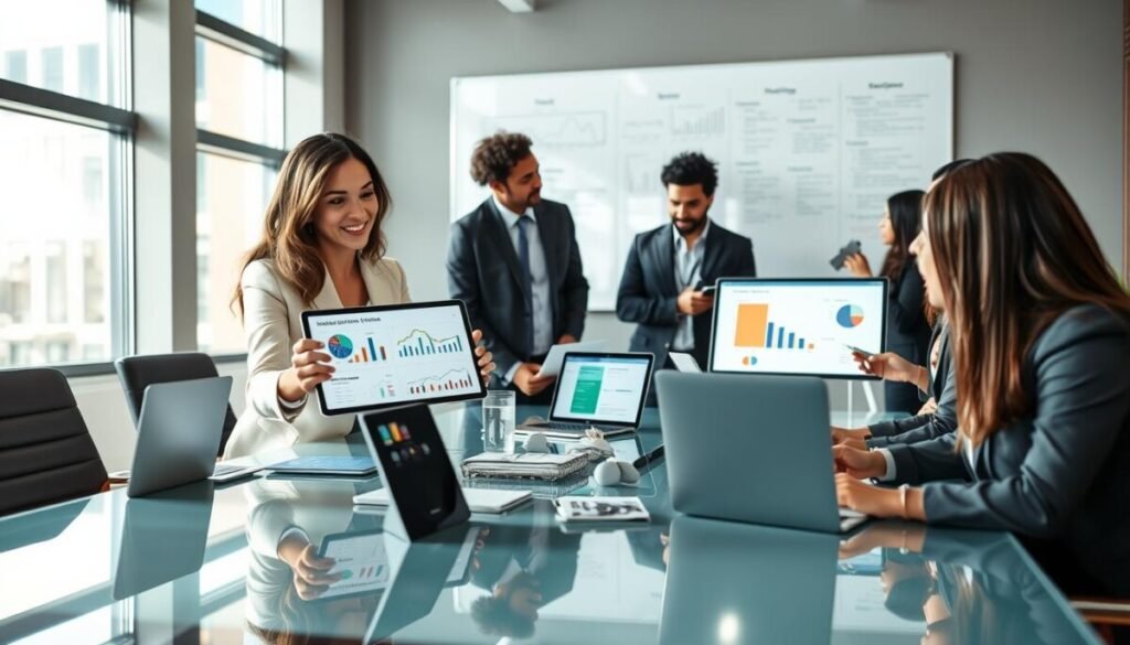 In a modern office environment, a diverse group of professionals in business attire collaborate around a sleek, glass conference table filled with laptops, tablets, and sales enablement tools like CRM dashboards, marketing analytics reports, and digital presentation software on screens. In the foreground, a confident woman gestures towards a digital tablet, showcasing data visualizations, with her colleagues engaged and taking notes. The middle section captures a vibrant, collaborative atmosphere with a mix of different ethnicities and genders, exchanging ideas with focused expressions. The background features a large whiteboard with strategic plans and flowcharts. The lighting is bright and natural, streaming through large windows, casting soft shadows that create an uplifting mood of innovation and productivity, shot from a slightly elevated angle for a dynamic perspective.