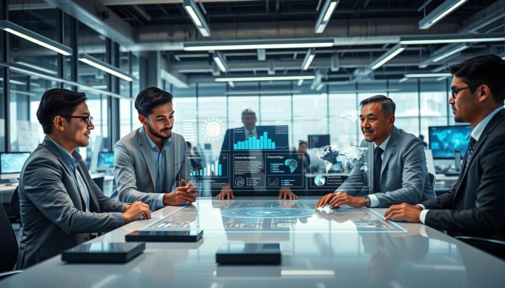In a modern office setting, vibrant with technology-focused client interactions, depict a diverse group of professionals collaborating on a digital interface showcasing AI-driven analytics. In the foreground, a diverse team (Caucasian man, Black woman, Asian man) are engaged around a sleek table, dressed in tailored business attire, focused intently on a large holographic display that visualizes client service metrics and AI suggestions. The middle ground reveals high-tech gadgets and screens displaying AI algorithms, while the background showcases a collaborative workspace filled with large windows, beams of natural light illuminating the room. Use a wide-angle lens to capture the dynamic atmosphere, emphasizing teamwork and innovation, with a professional yet inviting mood.
