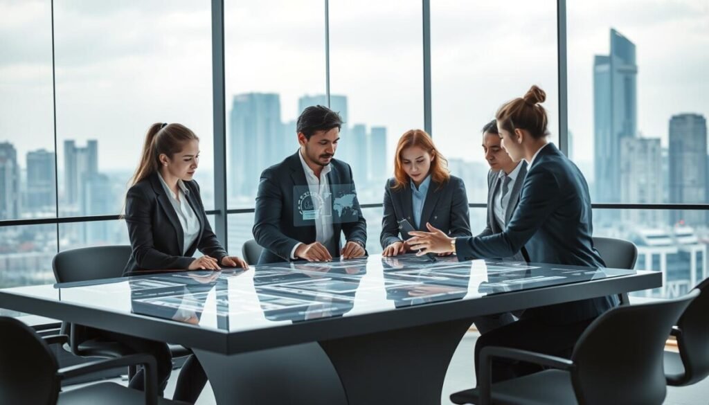 In the foreground, depict a diverse group of professionals in modern business attire, collaborating around a sleek, high-tech table equipped with holographic displays and AI interfaces. In the middle ground, illustrate seamlessly integrated digital interfaces showcasing data analytics, machine learning algorithms, and real-time agency operations metrics. The background features a futuristic city skyline with glass buildings, symbolizing the advancement of technology in agency operations. Soft, ambient lighting enhances a focused yet dynamic atmosphere, emphasizing innovation and teamwork. Use a slightly elevated angle to capture the depth of engagement among the team, with glowing screens reflecting their concentration and determination in leveraging AI for strategic solutions.