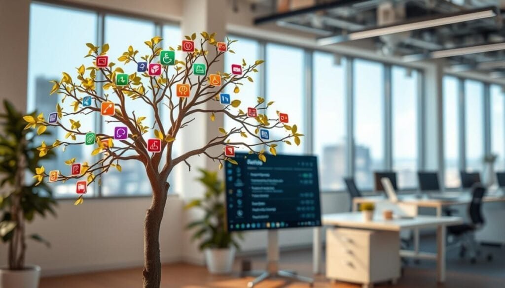 A beautifully designed accessibility tree situated in a modern, minimalistic office environment. In the foreground, the tree's branches extend gracefully, each embellished with vibrant digital icons representing accessibility tools, such as screen readers and voice recognition. The middle ground features a sleek, interactive interface displaying user-friendly settings. A soft, warm light illuminates the scene, coming from large windows that reflect a clear blue sky. The background shows a blurred view of a professional workspace, conveying productivity and innovation. The image should evoke a sense of clarity and efficiency, promoting a seamless interaction experience. Use a wide-angle lens to capture the entire scene with depth and focus, ensuring a harmonious balance between technology and nature.