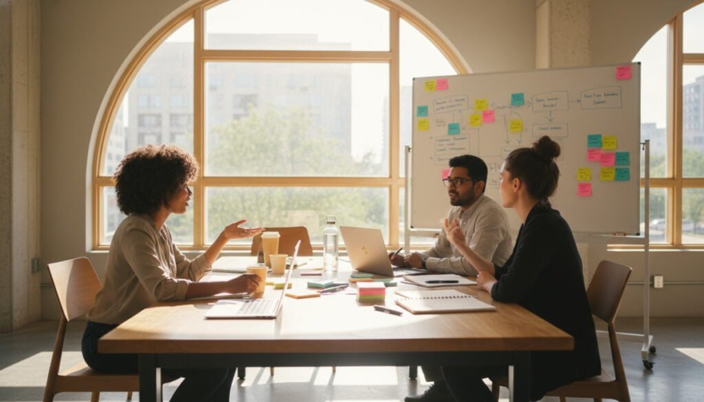 A bright and inviting workspace designed for independent creators participating in a cohort-based course on Ruzuku. In the foreground, a diverse group of three individuals, dressed in professional business attire, engage in a lively discussion around a large wooden table filled with laptops, notebooks, and colorful stationery. The middle ground features a whiteboard filled with diagrams and sticky notes that illustrate course concepts, while a large window in the background allows warm sunlight to flood in, creating a warm, collaborative atmosphere. Soft shadows dance across the room, and the camera angle captures the dynamic interaction of the group, emphasizing the spirit of innovation and teamwork inherent in online learning.