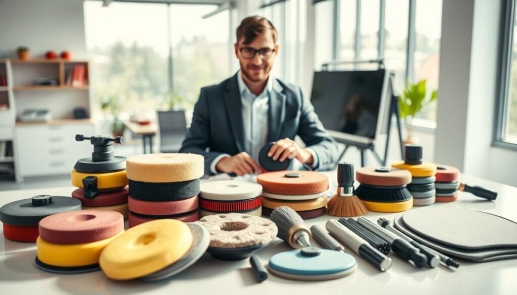 A bright, modern workspace showcasing a variety of polishing tools organized methodically. In the foreground, an array of high-quality polishing pads, brushes, and compound tubes are arranged neatly on a sleek workbench. The middle layer features a well-dressed professional, wearing smart casual attire, meticulously polishing a polished surface with one of the tools. In the background, an airy, well-lit office with large windows allows natural light to flood in, creating a productive atmosphere. Soft shadows and vibrant highlights emphasize the detailed textures of the tools. The overall mood is focused and efficient, reflecting a streamlining workflow in design. Use a wide-angle lens to capture the depth and clarity of the workspace environment.