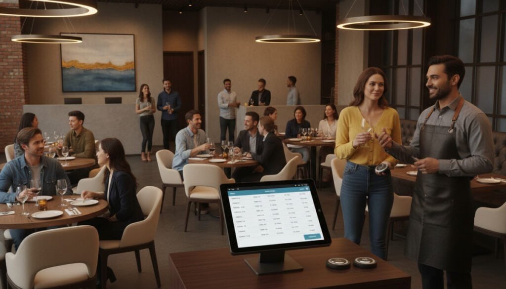 A bustling restaurant interior showcases a sophisticated waitlist management setup. In the foreground, a neatly organized tablet displays a digital waitlist interface, featuring names and estimated wait times. A professionally dressed host, wearing a smart shirt and apron, interacts with guests, smiling warmly. The middle background features guests seated at tables, enjoying their meals and engaging in conversation, while others wait near a stylish reception area adorned with modern decor. Soft, ambient lighting highlights the warm wood tones and contemporary furnishings, creating a welcoming atmosphere. The image is captured from a slightly elevated angle, providing a comprehensive view of the bustling environment, emphasizing the efficiency and organization of waitlist operations within the restaurant. A bustling restaurant interior showcases a sophisticated waitlist management setup. In the foreground, a neatly organized tablet displays a digital waitlist interface, featuring names and estimated wait times. A professionally dressed host, wearing a smart shirt and apron, interacts with guests, smiling warmly. The middle background features guests seated at tables, enjoying their meals and engaging in conversation, while others wait near a stylish reception area adorned with modern decor. Soft, ambient lighting highlights the warm wood tones and contemporary furnishings, creating a welcoming atmosphere. The image is captured from a slightly elevated angle, providing a comprehensive view of the bustling environment, emphasizing the efficiency and organization of waitlist operations within the restaurant.