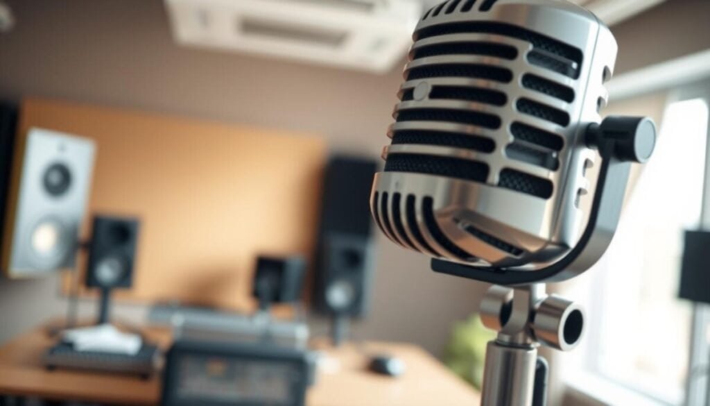 A close-up image of a high-quality microphone set against a softly blurred, modern office background. The microphone, sleek and metallic, should be prominently in the foreground, showcasing fine details such as the mesh grille and adjustable stand. In the middle, subtle elements like a sound mixer and acoustic panels should hint at a professional audio environment. The background should feature a softly lit workspace with warm tones, emphasizing a calm and focused atmosphere, ideal for clear audio capture. Natural light spills in from a window, highlighting the microphone and creating gentle shadows. The mood is professional and inviting, underscoring the importance of optimizing environments for superior audio clarity.