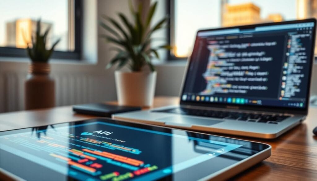 A close-up of a digital "API key" on a sleek, modern workstation. The foreground features an illuminated tablet displaying a coding interface with colorful lines of code and system prompts. The middle layer captures a softly blurred laptop with sublime text open, showcasing an organized screen filled with coding elements. In the background, a professional workspace is depicted with minimalistic décor, a potted plant, and a subtle hint of cityscape through a window. The lighting is warm and inviting, casting soft shadows, creating a productive and focused atmosphere. The perspective is slightly angled to emphasize the tablet while maintaining a clear view of the other elements, ensuring the professionalism and tech-savvy mood is highlighted without any text or overlays.