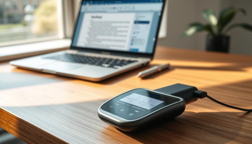 A close-up of a modern dictation tool sits on a sleek, wooden desk, capturing the essence of technological innovation. The dictation device features a minimalist design with smooth, rounded edges and a high-resolution touch screen displaying waveform graphics and user controls. In the background, an open laptop displays a word processing application, highlighting the interface where speech-to-text technology is utilized. Soft, natural light filters in through a nearby window, casting a warm glow and creating gentle shadows for a professional yet inviting atmosphere. The angle is slightly above eye level, focusing on the dictation tool while the laptop serves as a complementary element. This image conveys efficiency and modernity, perfect for illustrating the comparison between built-in dictation features and specialized tools.