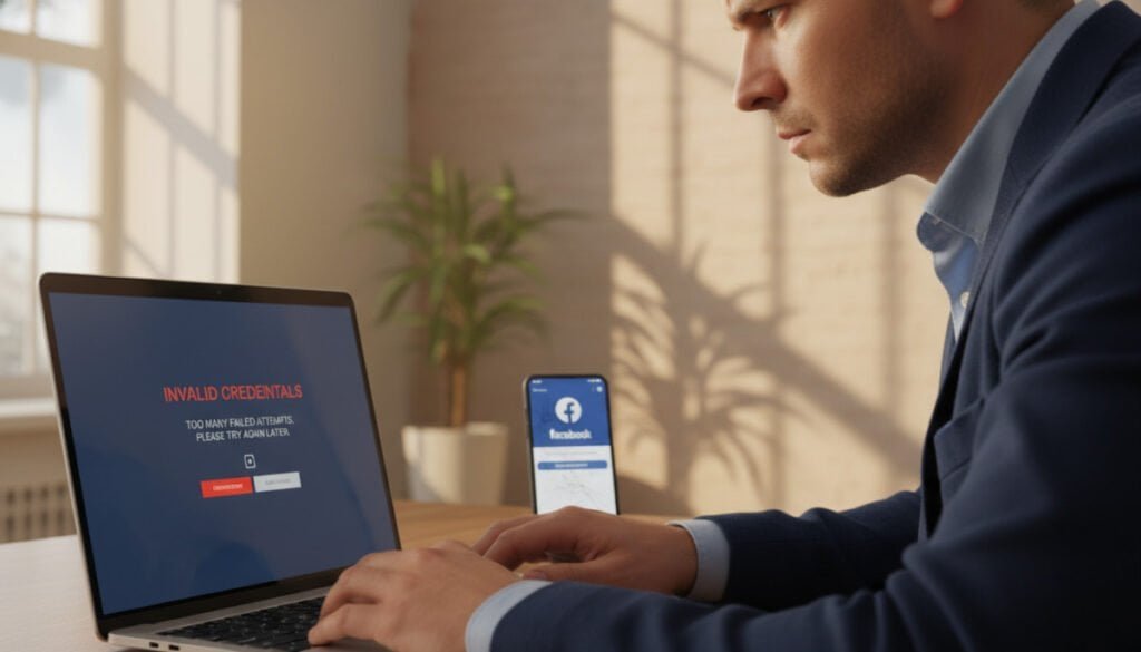 A close-up of a person in professional business attire, sitting at a modern desk with a laptop open in front of them, showing a login screen with error messages. The foreground features focused expressions of determination and concentration on the individual's face, as they navigate troubleshooting options. In the middle ground, a smartphone rests next to the laptop, displaying a Facebook app login page, hinting at the issue of failed login attempts. The background is softly blurred, with a warm, ambient light coming from a nearby window, casting gentle shadows, creating an atmosphere of problem-solving and urgency. The overall color palette is a mix of soft blues and warm neutrals, suggesting a calm yet focused environment.