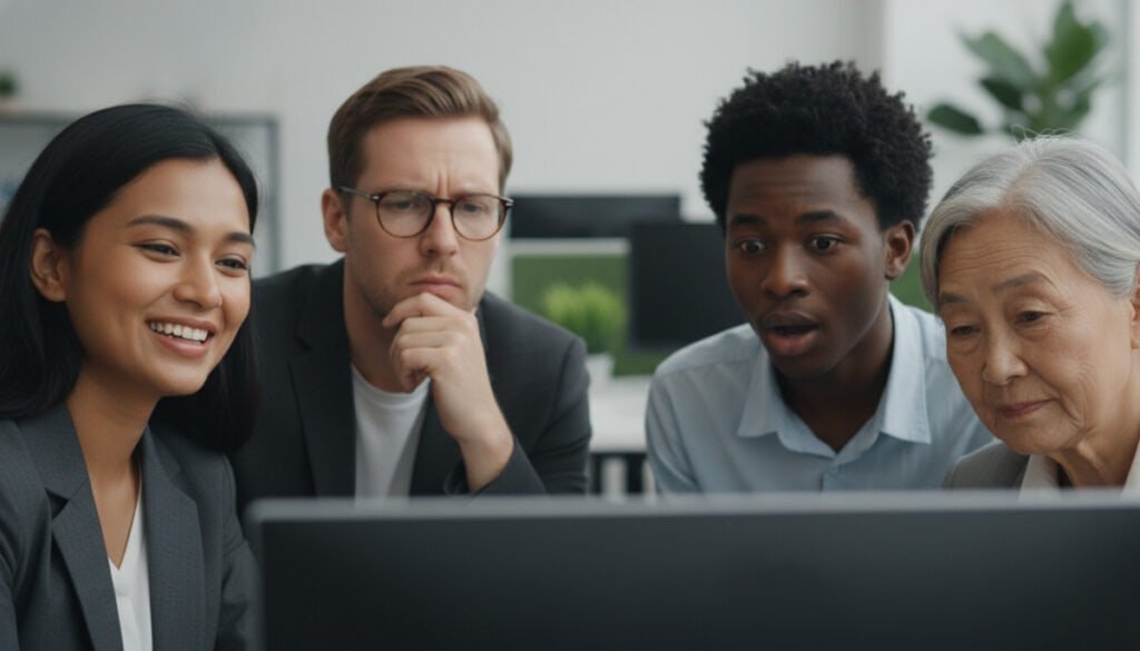 A close-up of diverse individuals showing a range of facial expressions—happiness, thoughtfulness, surprise, and contemplation. In the foreground, four characters representing different ethnicities, including a smiling woman in business attire, a thoughtful man with glasses, a surprised young adult, and a contemplative older person, all focusing on a central point, creating an engaging and illustrative comparison of emotions. The middle ground features soft lighting, highlighting their facial features and expressions. The background is a softly blurred office environment, enhancing the sense of professionalism and context. The mood is dynamic and insightful, inviting viewers to explore the nuances of human emotions as they relate to AI avatar customization in marketing and training. A close-up of diverse individuals showing a range of facial expressions—happiness, thoughtfulness, surprise, and contemplation. In the foreground, four characters representing different ethnicities, including a smiling woman in business attire, a thoughtful man with glasses, a surprised young adult, and a contemplative older person, all focusing on a central point, creating an engaging and illustrative comparison of emotions. The middle ground features soft lighting, highlighting their facial features and expressions. The background is a softly blurred office environment, enhancing the sense of professionalism and context. The mood is dynamic and insightful, inviting viewers to explore the nuances of human emotions as they relate to AI avatar customization in marketing and training.
