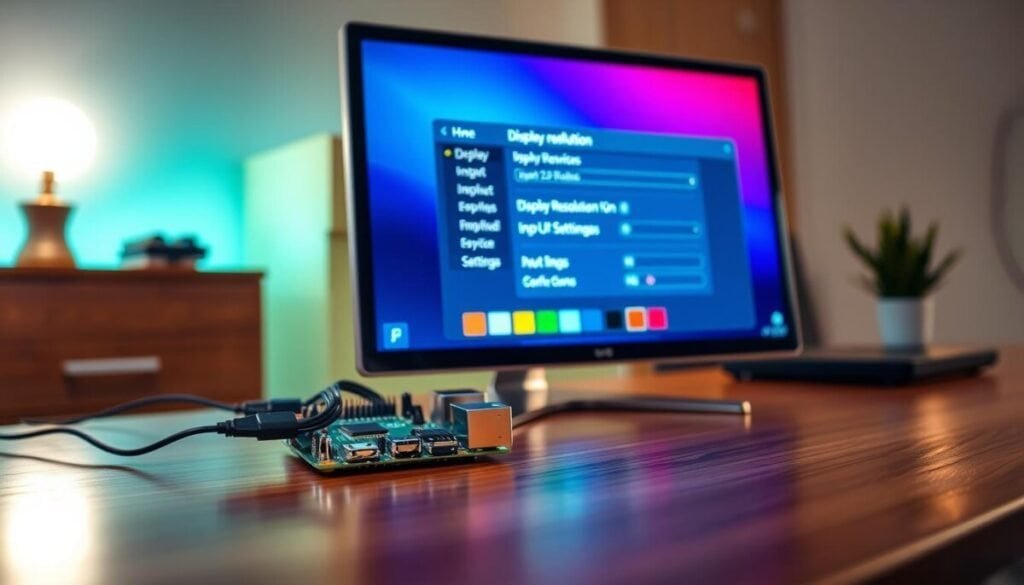 A close-up view of a Raspberry Pi setup on a sleek, wooden desk, showcasing an optimized display and input settings interface. In the foreground, a computer monitor displays a vibrant, user-friendly graphical interface for configuring display resolution and input devices, with colorful icons representing various settings. The middle includes a Raspberry Pi board carefully arranged beside the monitor, connected by cables. In the background, soft ambient lighting creates a warm, inviting atmosphere, while subtle reflections on the desk surface enhance the depth of the scene. A focus on the screen with a slight blur on the background emphasizes the settings interface, capturing an atmosphere of innovation and technical exploration. A close-up view of a Raspberry Pi setup on a sleek, wooden desk, showcasing an optimized display and input settings interface. In the foreground, a computer monitor displays a vibrant, user-friendly graphical interface for configuring display resolution and input devices, with colorful icons representing various settings. The middle includes a Raspberry Pi board carefully arranged beside the monitor, connected by cables. In the background, soft ambient lighting creates a warm, inviting atmosphere, while subtle reflections on the desk surface enhance the depth of the scene. A focus on the screen with a slight blur on the background emphasizes the settings interface, capturing an atmosphere of innovation and technical exploration.