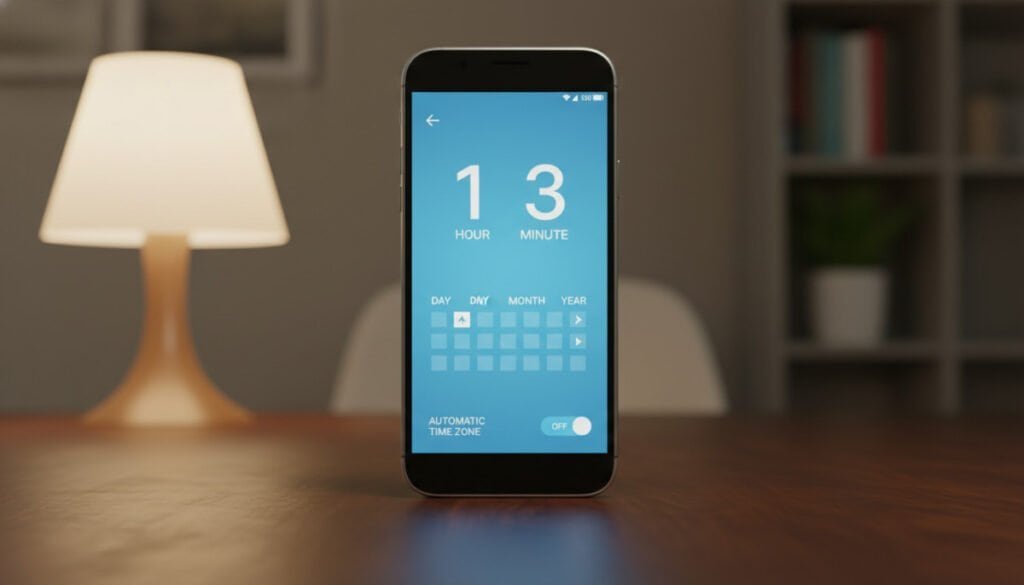 A close-up view of a digital device displaying a user-friendly interface for adjusting date and time settings. In the foreground, a sleek smartphone holds a vibrant screen showing the date and time adjustment options clearly with a soft blue background. The middle layer features the device on a polished wooden desk, complemented by a dimly lit room atmosphere. In the background, a warm lamp casts a gentle glow, enhancing the focus on the device. The lighting is soft and inviting, suggesting a sense of calm and clarity. The overall mood is professional and focused, capturing the essence of troubleshooting tech issues. The image is free of any distractions or text elements.