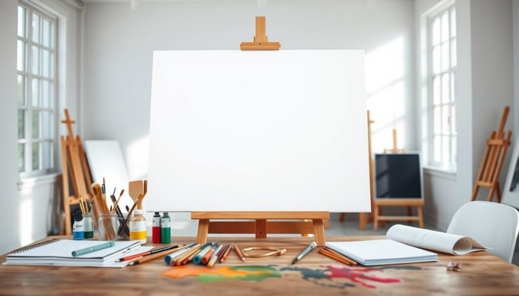 A close-up view of a large, blank canvas positioned on an easel in a bright, well-lit studio. The canvas is perfectly white, symbolizing the beginning of a creative process. Surrounding the canvas are various art supplies—paintbrushes, tubes of paint, and sketchbooks, organized neatly on a wooden table. In the soft background, large windows let in natural light, casting gentle shadows across the room. Include hints of colorful paint splashes on the floor, suggesting recent creative activity. The atmosphere is inspiring and calm, evoking a sense of potential and innovation. The image should be captured with a shallow depth of field, bringing focus to the canvas while softly blurring the art supplies in the foreground, creating a serene and inviting workspace vibe.
