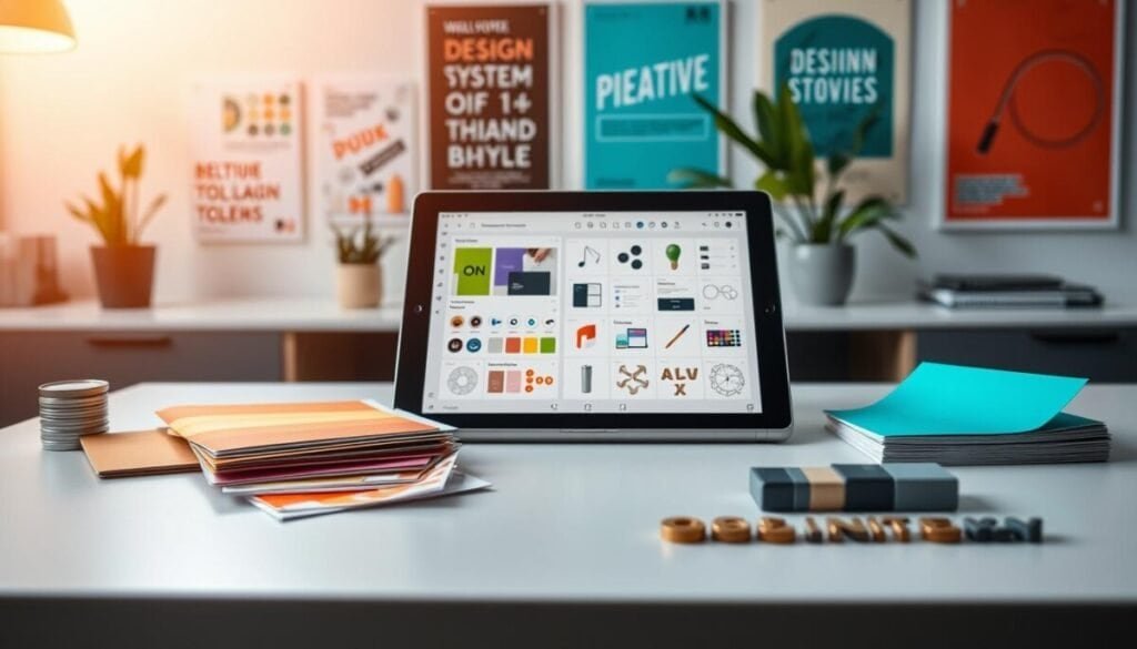 A close-up view of a sleek, modern design workspace showcasing a variety of design tokens arranged on a stylish, minimalistic table. In the foreground, vibrant color swatches and typography samples are neatly displayed, symbolizing different design elements. The middle layer features a digital tablet with an open design application, displaying a design system interface populated with tokens, grids, and style guides. In the background, a softly lit wall features inspirational design posters and a few plants, contributing to a creative, inviting atmosphere. Use warm, natural lighting to enhance the mood, and capture the scene from a slightly elevated angle, creating depth and focus on the design tokens. The image should feel professional, organized, and visually engaging, embodying a harmonious approach to design consistency.